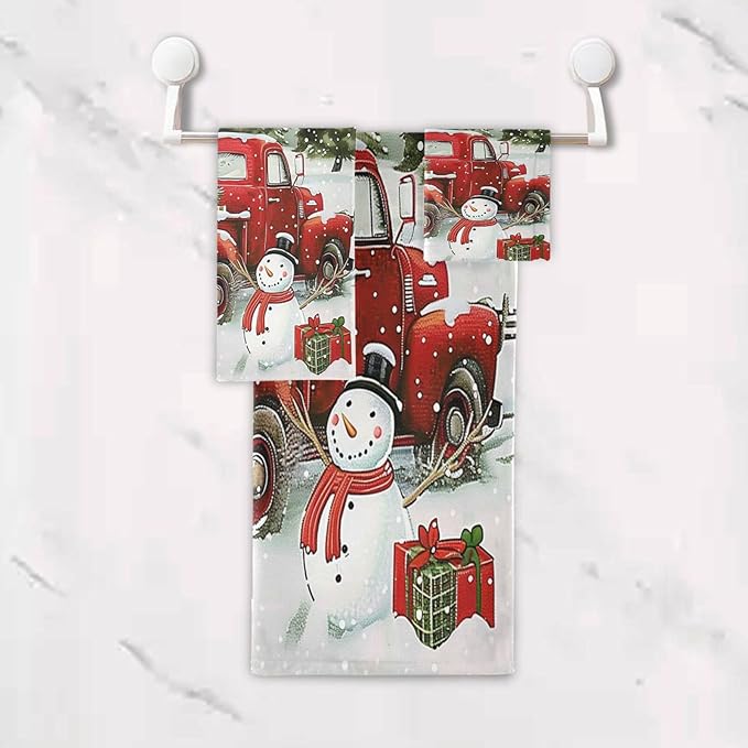 Pfrewn Snowman Red Truck Xmas Tree Towels Set of 3 Christmas Winter Bathroom Towel Soft Absorbent Bath Hand Towels Washcloth Guest Towel Sets Merry Christmas Xmas Bathroom Decor Gifts
