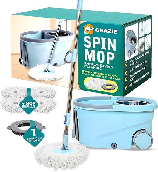 Grazie Spin Mop & Bucket Set - 360° Self-Wringing System with Wheels, Stainless Steel Handle - Hands-Free Floor Cleaning for Hardwood, Tile, Laminate - Includes 4 Washable Microfiber Mop Head Refills