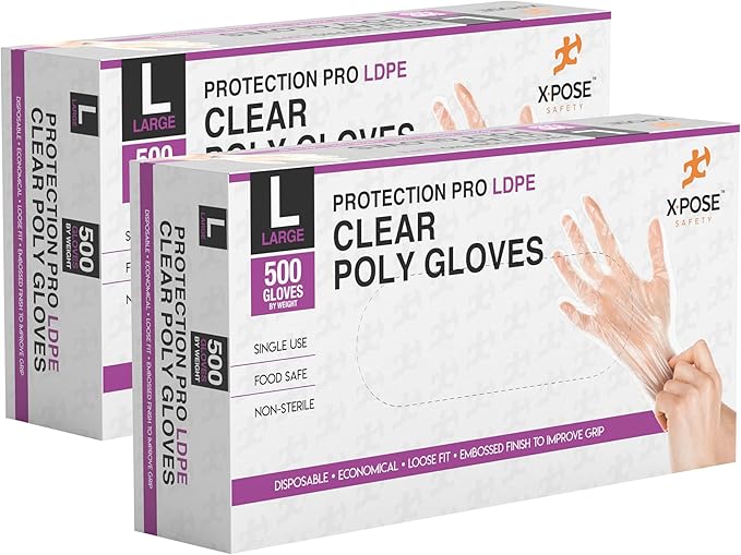 Xpose Safety Disposable Food Prep Poly Gloves - Transparent Embossed Latex Free Kitchen, Plastic Gloves for Food Handling