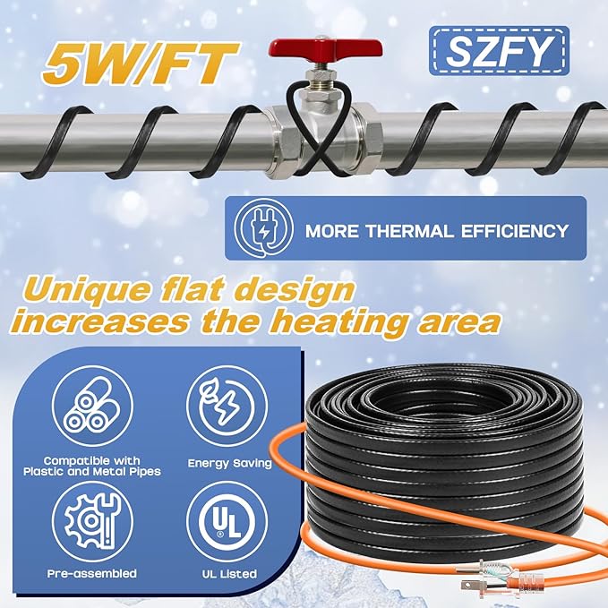 3FT~200FT Heat Tape for Water Pipes, -40°F Deicing Cable,Pipe Heat Cables for Roof,Gutter，Farm，Freeze Protetion Heating Wires, Heated Water Hose,Plumbing Fixtures,120V 5W/FT (160FT)