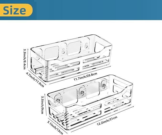 JiePai Acrylic Shower Caddy, Clear Wall Mounted Bathroom Organizer with Hooks, No-Drill Adhesive Shower Shelf for Shampoo, Soap & Toiletries, Waterproof Rustproof, 2 Pack