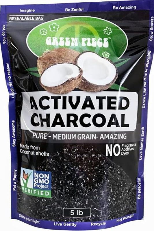 Green Piece® Activated Charcoal Medium Grain – Resealable 5 lb Bag - SUPER CLEAN - Rid Odor – Made from Coconut Shells – Kid/Pet Friendly, Great for Aquariums, Water Filters, & More