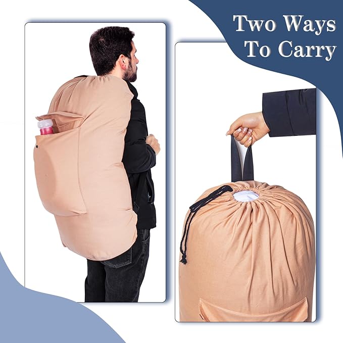 Sanlykate Canvas Backpack Laundry Bag - Extra Large Durable Dirty Clothes 2-3 Days Capacity with Adjustable Shoulder Strap & Front Pocket, for College Dorm, Apartment, Laundromats, Camping Travel
