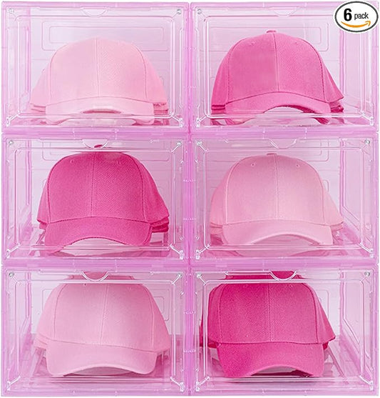 6 Pack Hat Organizer Box, Stackable Clear Baseball Caps Holder Box Containers with Magnetic Door for Hats Snapback Cap Storag, Hat Rack Display Case, Holds 8 Hats Each (Pink)