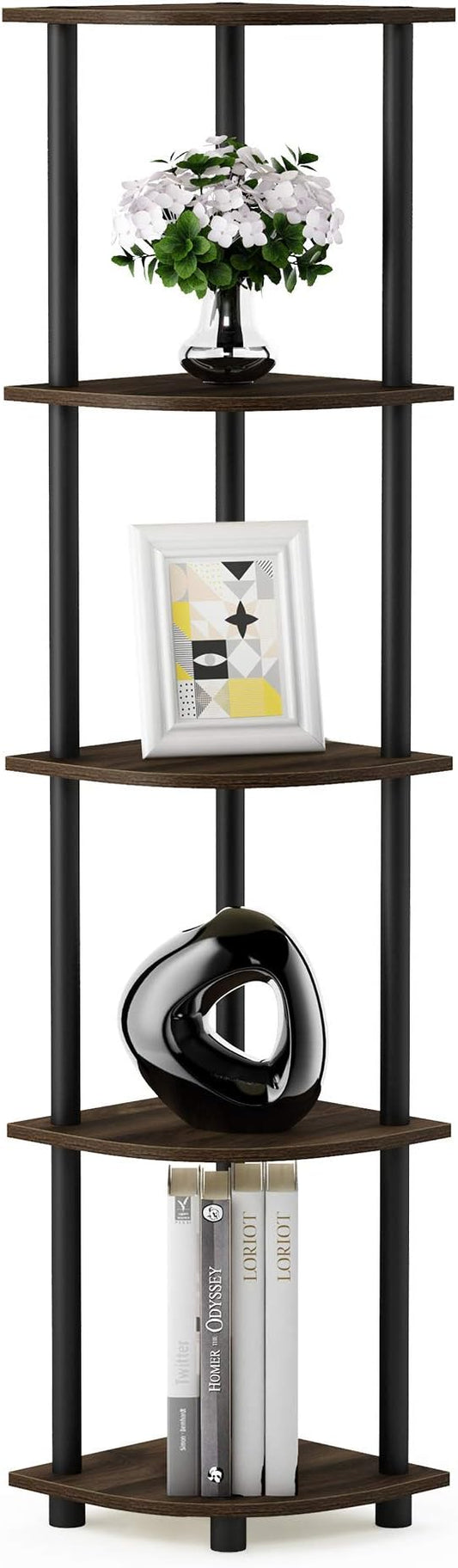 Furinno TURN-N-TUBE Corner Shelf, 5-Tier Corner Bookshelf, Open Storage Shelves, for Organization and Storage, Living Room, Home Office, Garage, Bedroom, Columbia Walnut