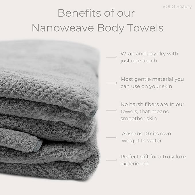VOLO Hero Luna Gray Body Towel | Luxury Bath Towel | Ultra Soft, Super Absorbent, Quick Drying Nanoweave Fabric | Spa Towels for Bathroom | Extra Large Post Shower Wrap | Gentle on Skin | Microfiber