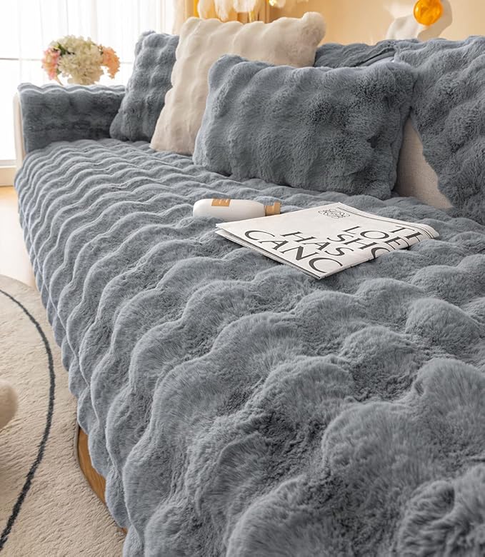 Soft Warm Faux Fur Couch Sofa Cover Thick Shaggy Fuzzy Sectional Couch Cover Non-Slip Solid Color Plush Sofa Slipcover Furniture Protector for Kids, Pets (Dark Grey,43"x94")