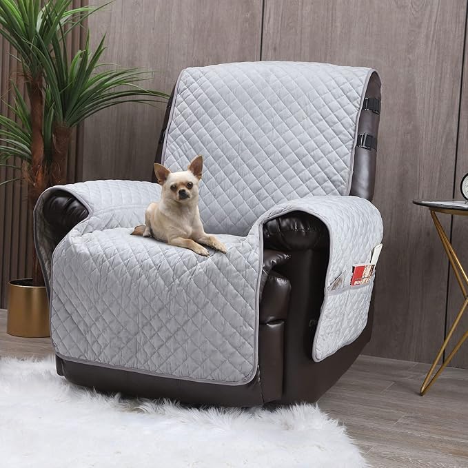 LUFEIJIASHI Velvet Recliner Covers Non Slip Waterproof Large Recliner Chair Covers for Leather Chairs Recliner Sofa Cover for Living Room Recliner Furniture Protectors Covers for Dog Pets (Grey, 28")