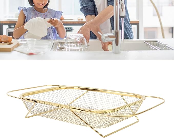Over The Sink Colander, Rectangle Stainless Steel Over The Sink Strainer Basket For Kitchen Sink with Handles Fine Mesh Expandable Handy Kitchen Tool Kitchen Essentials (Gold)