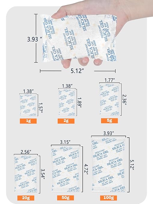 50 Gram (20 Pack) Color-Indicating Silica Gel Packets, Premium Food Grade Desiccant - Rechargeable Moisture Absorbers for Food Storage, Electronics, 3D Filament & Safes
