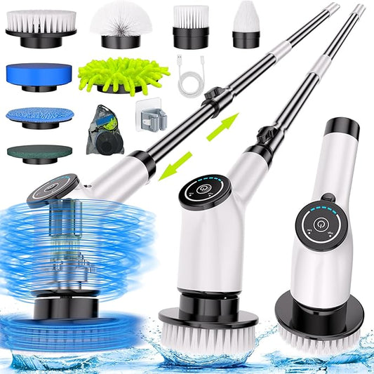 Electric Spin Scrubber, Cordless Cleaning Brush with 8 Replaceable Brush Heads and Adjustable Extension Handle, Power Scrubber Dual Speed Shower Scrubber for Tub, Tile, Floor, Bathroom, Kitchen, Car