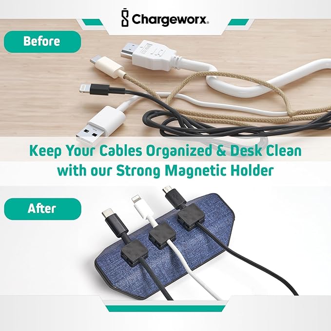CHARGEWORX Magnetic Cable Organizer – 2 Pack- Weighted Non-Adhesive Cord Holder with 3 Magnetic Clips for USB-C, Lightning & MagSafe Cables – Desk, Office & Nightstand Cable Management