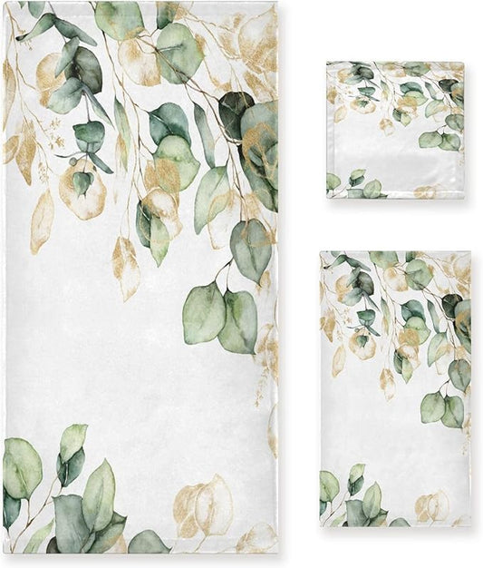Green Gold Leave Bath Towels Set,3 Piece Eucalyptus Leaf Towel Set(1 Bath Towel 1 Hand Towel 1 Washcloth),Absorbent Microfiber Decorative Bathroom Towels for Shower,Fingertip,Hair,Face