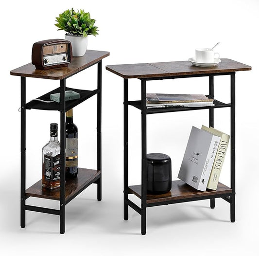 3-Tier Side Table Set of 2 for Living Room, Narrow End Table for Small Spaces with Wide Storage Top, Rustic Brown Skinny Nightstand for Bedroom, Sofa, Couch