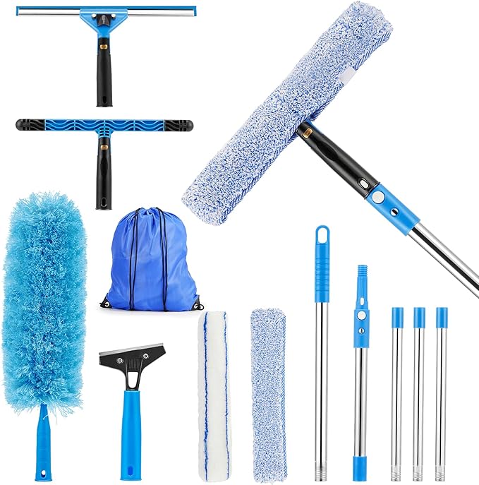 75" Window Squeegee Cleaner Kit with Extension Pole, 360° Rotating Streak-Free Glass Cleaner for High Windows, Shower Doors & Solar Panels – Professional All-in-One Window Cleaning Tools Set