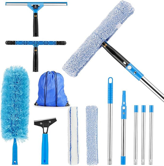 75" Window Squeegee Cleaner Kit with Extension Pole, 360° Rotating Streak-Free Glass Cleaner for High Windows, Shower Doors & Solar Panels – Professional All-in-One Window Cleaning Tools Set