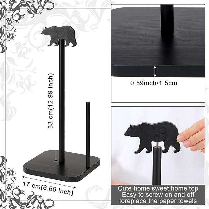 Leinuosen Cabin Bear Paper Towel Holder Farmhouse Bear Wooden Paper Towel Holder Black Bathroom Countertop Accessories Kitchen Stand Organizer Standing Apartment Decor Housewarming Gift