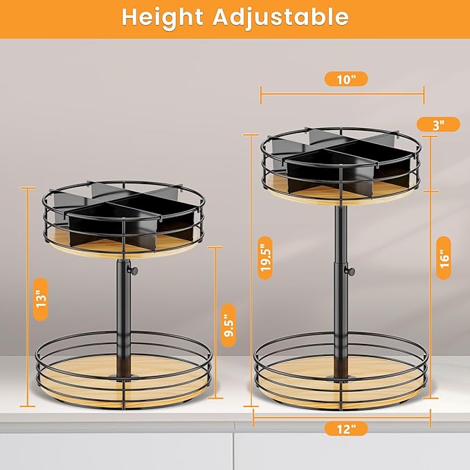 2-Tier Rotating Snack Organizer - Height Adjustable Lazy Susan Turntable for Kitchen Countertop, Black