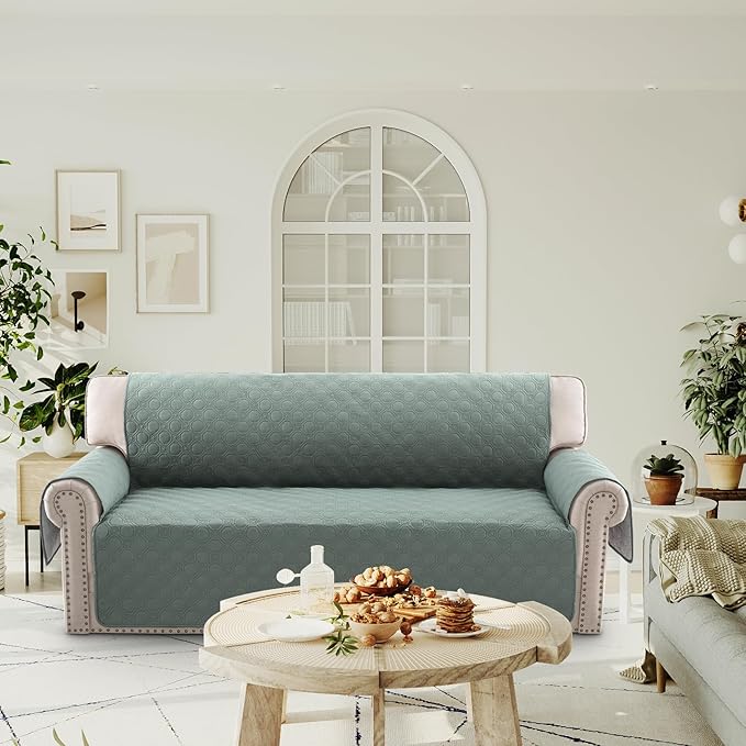 PrinceDeco Waterproof Sofa Cover Diamond Quilted Couch Cover 3 Cushion Sofa Couch Cover for Dogs Furniture Protector Cover with Elastic Straps for Pet Cat(Sofa,Lily Pad)