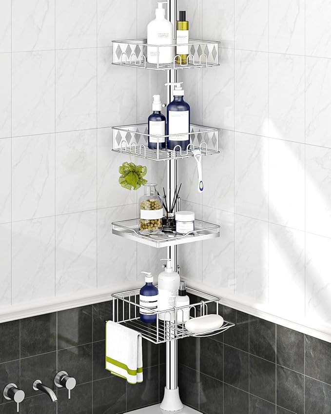 SEIRIONE Corner Shower Caddy Tension Pole, 34 to 116 Inch Height, 4 Adjustable Shelves, Chrome
