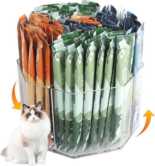 Lickable Cat Treats Organizer, Lazy susan Acrylic Squeeze Up Cat Food Storage Container, Essential storage for pet treats, Wet Cat Treats Storage for Kitchen Cabinet Pantry Shelf Countertop(Rhombus)