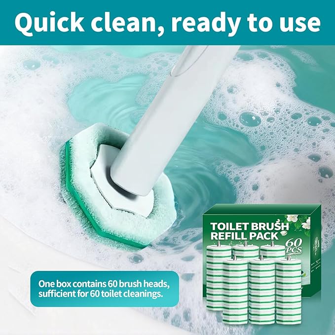 60 Count Toilet Brush Heads, Toilet Wand Refills ，Suitable for Most Disposable Toilet Brushes. Features a Convenient snap-on Design. Both Home and Commercial use.No Falling Apart, Fresh Fragrance