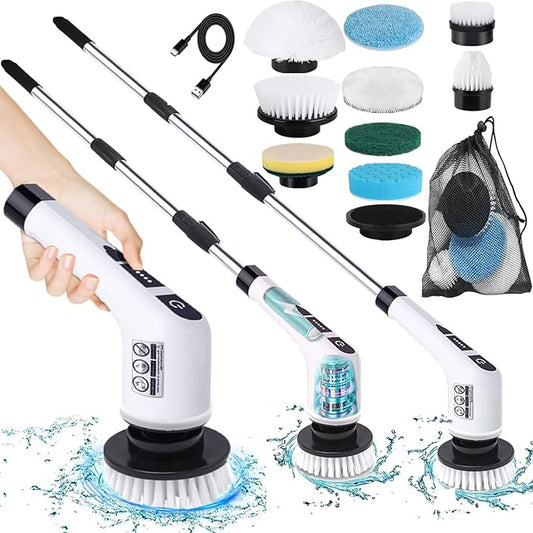 Electric Spin Scrubber,Cordless Cleaning Brush Set 3-in-1 Adjustable Detachable Exten Handle,2 Speeds,Handheld Shower Scrubber & 9 Replaceable Brush Head,2024 New Power Dirt Brush for Kitchen,Bathroom