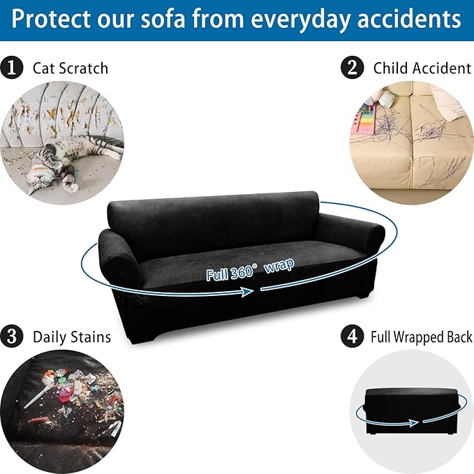 Couch Cover Leather Look 3 Seater Couch Sofa Cover 1-Piece Sofa Slipcover Stretch Furniture Protector with Elastic Bottom & Pockets(Sofa, Black)