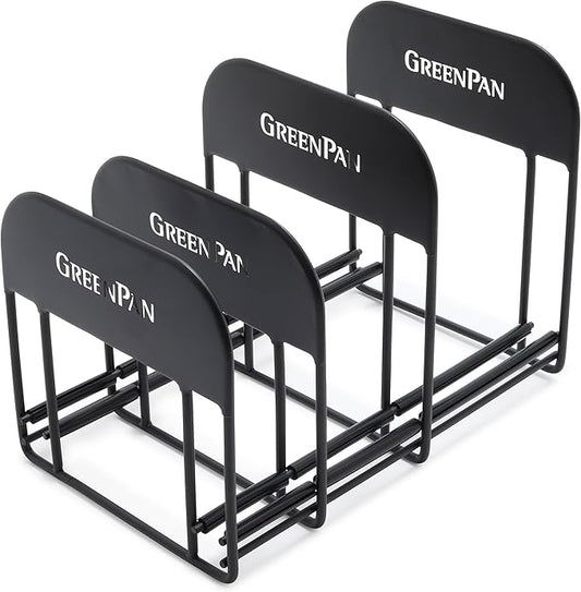 GreenPan Stainless Steel Wire Cookware Storage Rack, 5 Frying Pan Compartments, Countertop or Cabinent Organizer, Minimizes Clutter, Fast Drying, Wipes Clean, Black