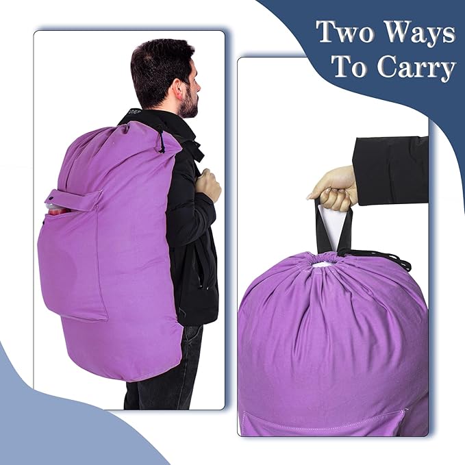 Sanlykate Canvas Backpack Laundry Bag - Extra Large Durable Dirty Clothes 2-3 Days Capacity with Adjustable Shoulder Strap & Front Pocket, for College Dorm, Apartment, Laundromats, Camping Travel