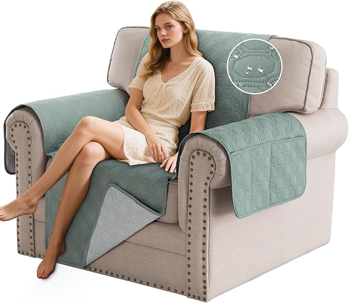 PrinceDeco Chair Covers for Armchair Waterproof Couch Cover Furniture Protector with Elastic Straps for Pets Kids Children Dog Cat, Lily Pad