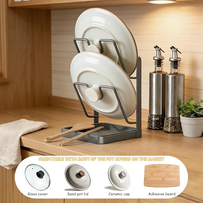 2Pack Pot Lid Storage Rack – A kitchen Countertop Storage Rack For Storing Cookware Lids, Featuring A Drip Tray, 304 Stainless Steel Multi-Functional Kitchen Storage Rack(Grey, Double-Layer)