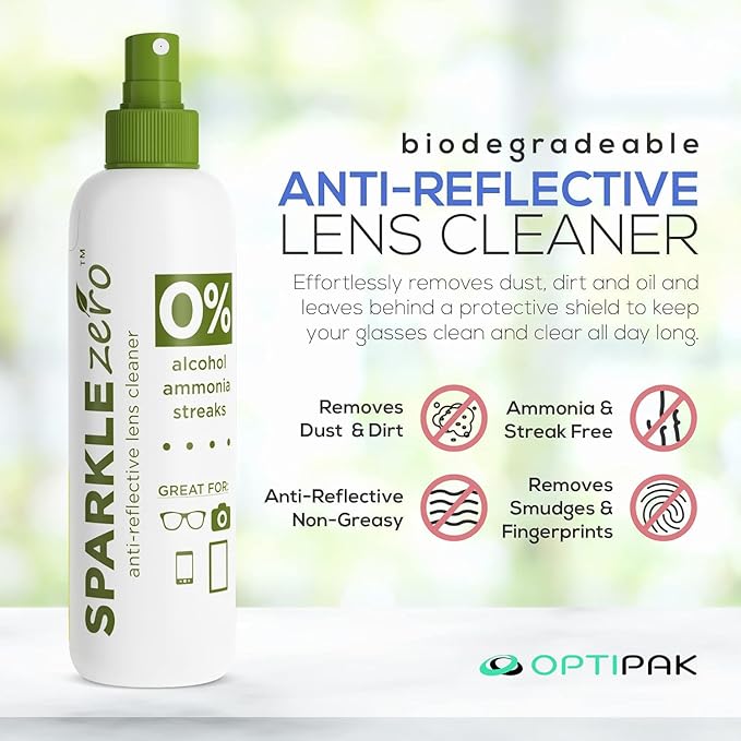 Sparkle Anti-Reflective Eco Friendly Lens Cleaner Spray Kit | (2x) 1oz Glasses Cleaner Bottle + (2x) Microfiber Cloth for Eyeglasses, Lenses, Screens and Sunglasses Cleaning Kit (4 Piece Set)