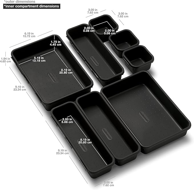 Madesmart 8-Piece Interlocking Bin Pack for Drawer Organization, Plastic Interlocking Junk Drawer Organizer Tray, Granite