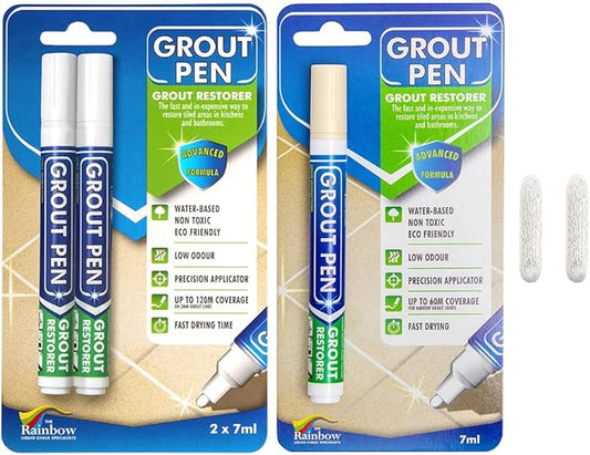 Grout Pen Tile Paint Marker: Yellow Cream 1 Pack and 2 Pack White with Extra Tips (Narrow, 5mm) - Waterproof Tile Grout Colorant Marker for Cleaner Looking Floors & Whitener Without Bleach