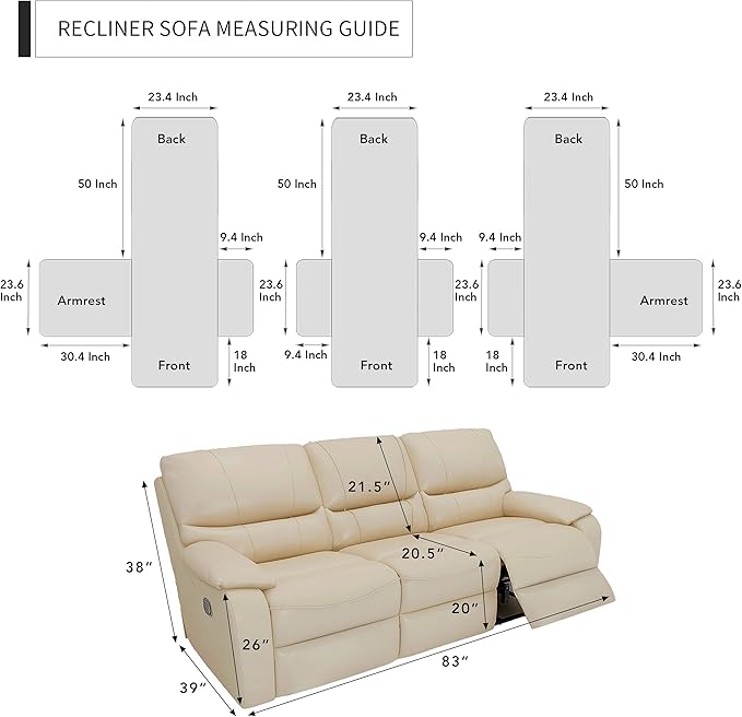 Easy-Going Recliner Sofa Cover, Reversible Couch Cover for 3 Seat Recliner, Split Sofa Cover for Each Seat, Furniture Protector with Elastic Straps for Kids, Dogs, Pets(3 Seater, Navy/Ivory)