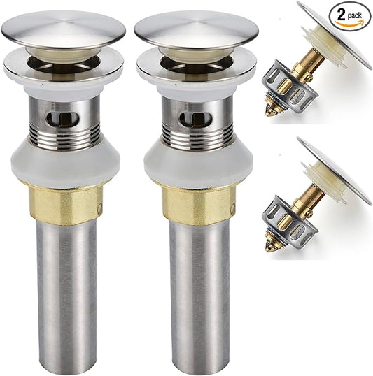 Bathroom Sink Drain,2 Pack Drain Stopper Bathroom Sink with Overflow,Pop Up Drain Assembly with Detachable Strainer Basket,Built-in Anti-Clogging Strainer,Stainless Steel Brushed Nickel