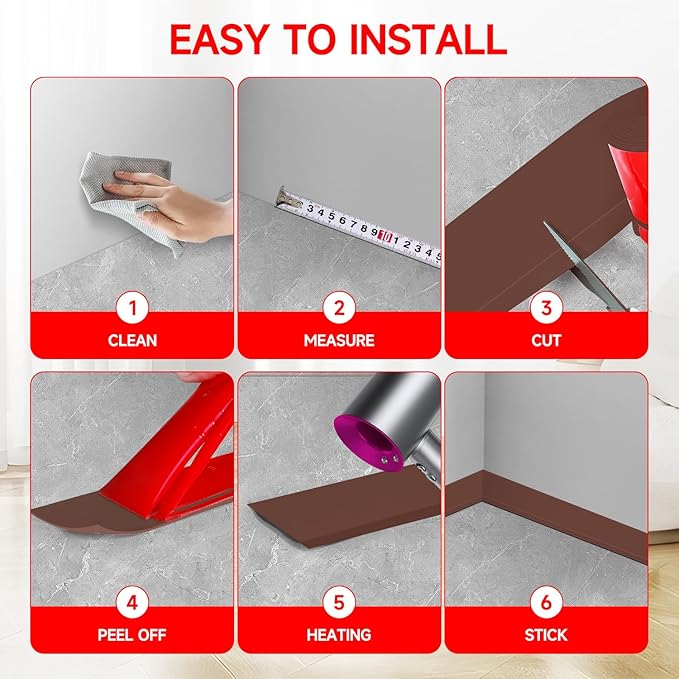 Flexible Baseboard Molding Trim 3 Inch(W) x 40 Feet(L) Self Adhesive Vinyl Wall Base Peel and Stick Cove Base,Rubber Wall Base. (Brown)