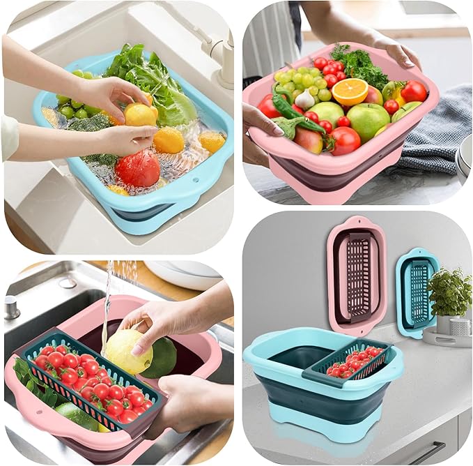 2-Pack Foldable Wash Basin for Vegetables,Collapsible Portable Sink Set in Pink & Green,Kitchen Storage Tray-Laundry,Dishes,Indoor,Outdoor,RV & Camping-Leak-Proof Drain Design