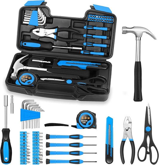 39 Piece Basic Home Tool Set Household Tool kit for Home General Repair Small Hand Tool Kit in Toolbox Storage Case for Home Garage Office College Dormitory Use, Blue