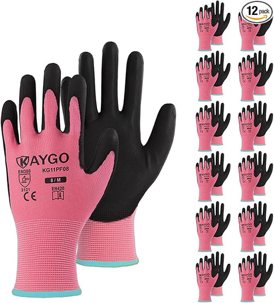 KAYGO Work Gloves for Men and Women,12 Pairs Seamless Knit PU Coated Safety Gloves, with Smooth Grip on Palm and Fingers, Ideal for Light Warehouse, Manufacturing, Gardening, KG11P (M,Pink)