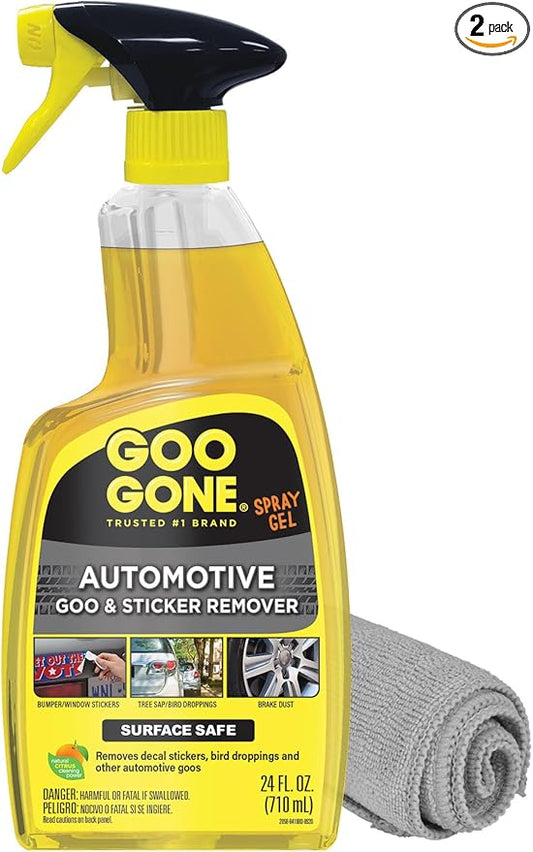 Goo Gone Automotive Adhesive Remover, Goo & Grime Cleaner for Bumper Stickers, Decals, Tree Sap, Brake Dust, Bird Droppings, Gum, Spray Paint, Asphalt, 24 oz with MicroFiber Buffing Towel