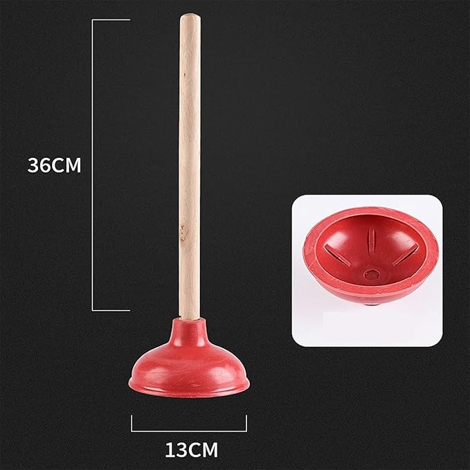 Toilet Plunger Red Heavy Duty Force Cup Rubber with A Long Wooden Handle to Fix Clogged Toilets and Drains, Perfect for Kitchens and Bathrooms (1 pcs)