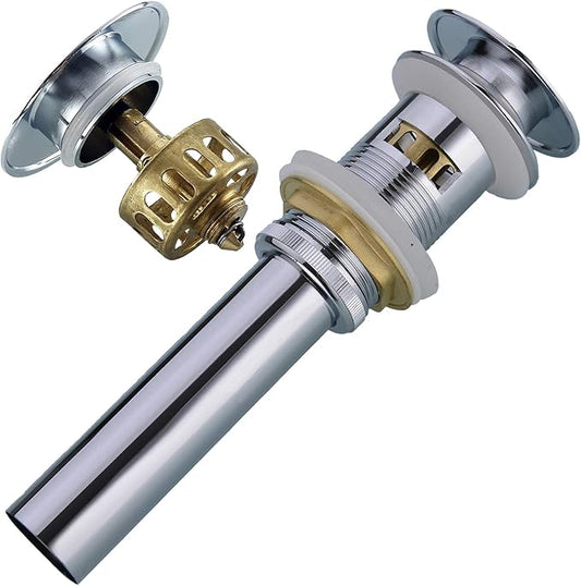 Bathroom Basin Sink Push Button Drain Stopper with Removable Brass Strainer Basket, with Overflow Chrome Push Pop Up Drain Assembly Polished Chrome,83606-1C.