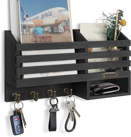 FifthQuarter Key Holder for Wall: Easy Mounted Key Rack and Mail Organizer with Store Shelf and Four Sturdy Keys Hooks Decor in Kitchen|Farmhouse|Entryway|Mudroom (Black)