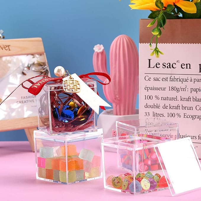 Tuanse 150 Pcs Acrylic Box with Lid Clear Small Acrylic Box Plastic Square Cube with Lid Mini Containers Display 2.2 x 2.2 x 2.2 Inch for Candy Pill Tiny Jewelry Toys Gifts