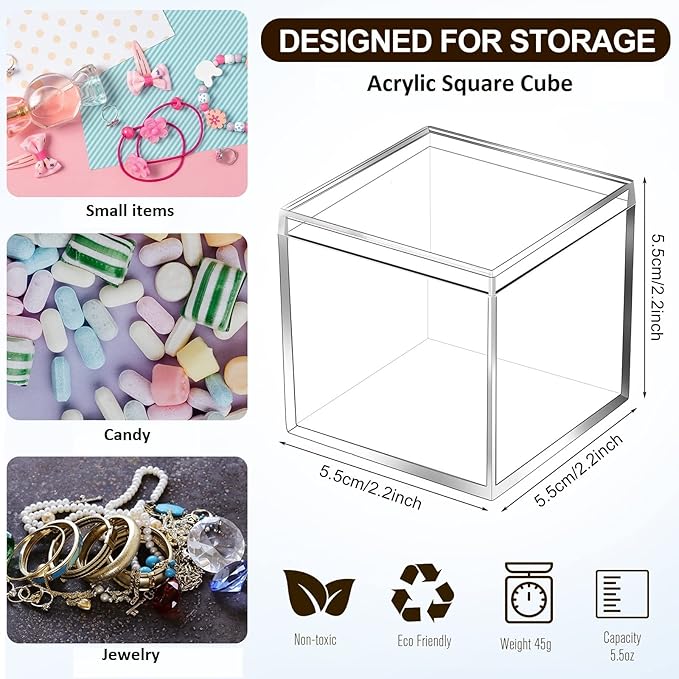 Tuanse 40 Pcs Acrylic Box with Lid Clear Small Acrylic Box Plastic Square Cube with Lid Mini Containers Display 2.2 x 2.2 x 2.2 Inch for Candy Pill Tiny Jewelry Toys Gifts