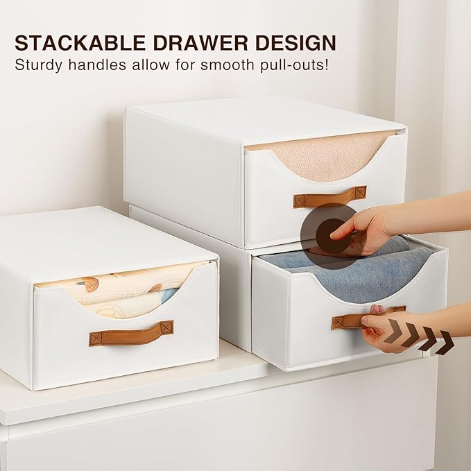 Stackable Storage Drawers - Large Collapsible Storage Bins with Drawers, 6 Pack Closet Shelf Organizer Basket, Fabric Pull Out Organizer for Bedroom, Living Room, Dorm, White