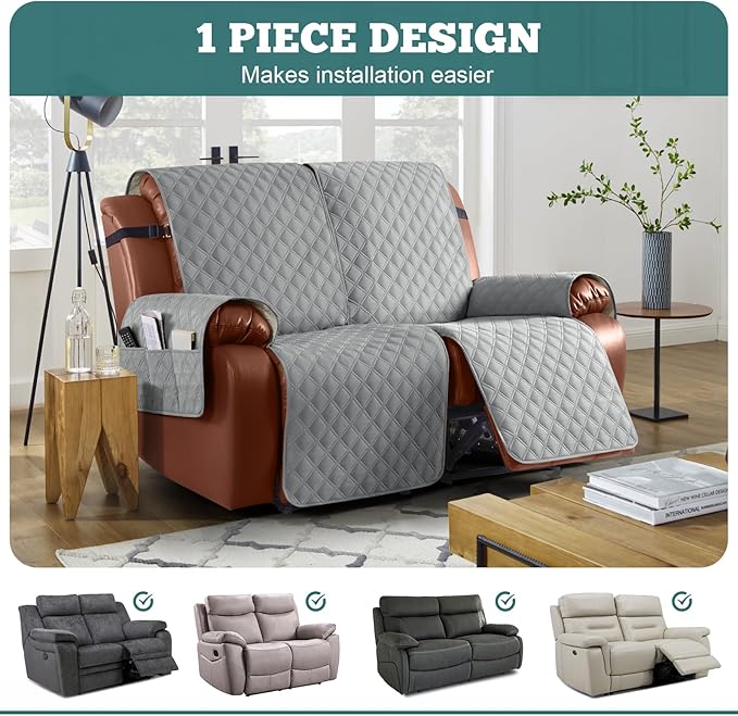 Ruaozz Waterproof Recliner Sofa Covers, 1-Piece Couch Covers for Reclining Couches Reclining Couch Cover Washable Furniture Protector with Elastic Straps Pocket for Kids Pets (Light Grey, 2 Seater)