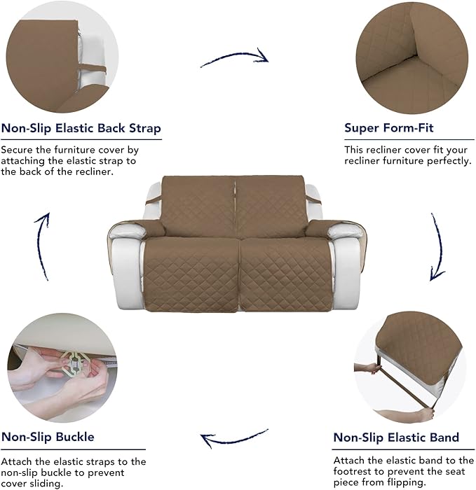 PureFit Water Resistant Reversible Sofa Covers for Reclining Sofa 2 Seat - Non Slip Split Recliner Couch Cover for Double Recliner, Washable Furniture Protector for Kids, Dogs (2 Seat, Camel/Ivory)